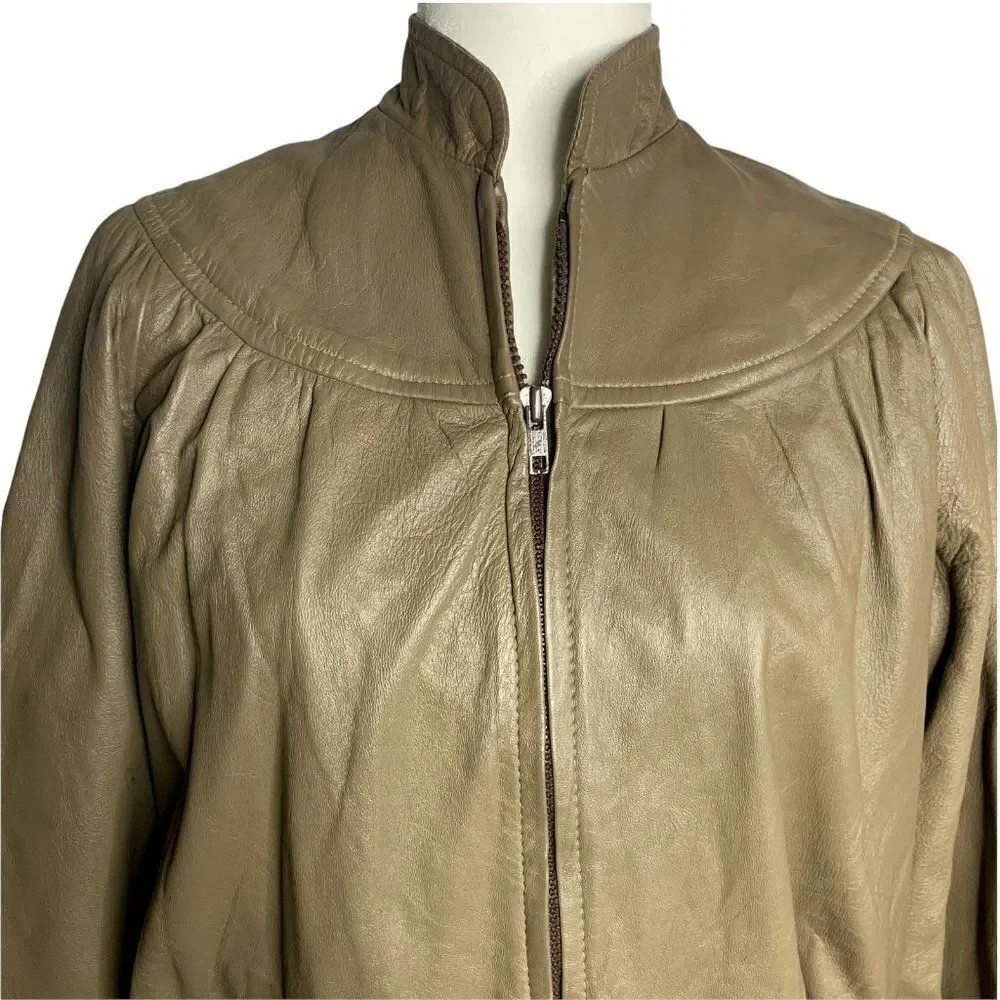 Vintage 70s Leather Jacket S Brown Full Zip High Collar Pockets Lined Union Made